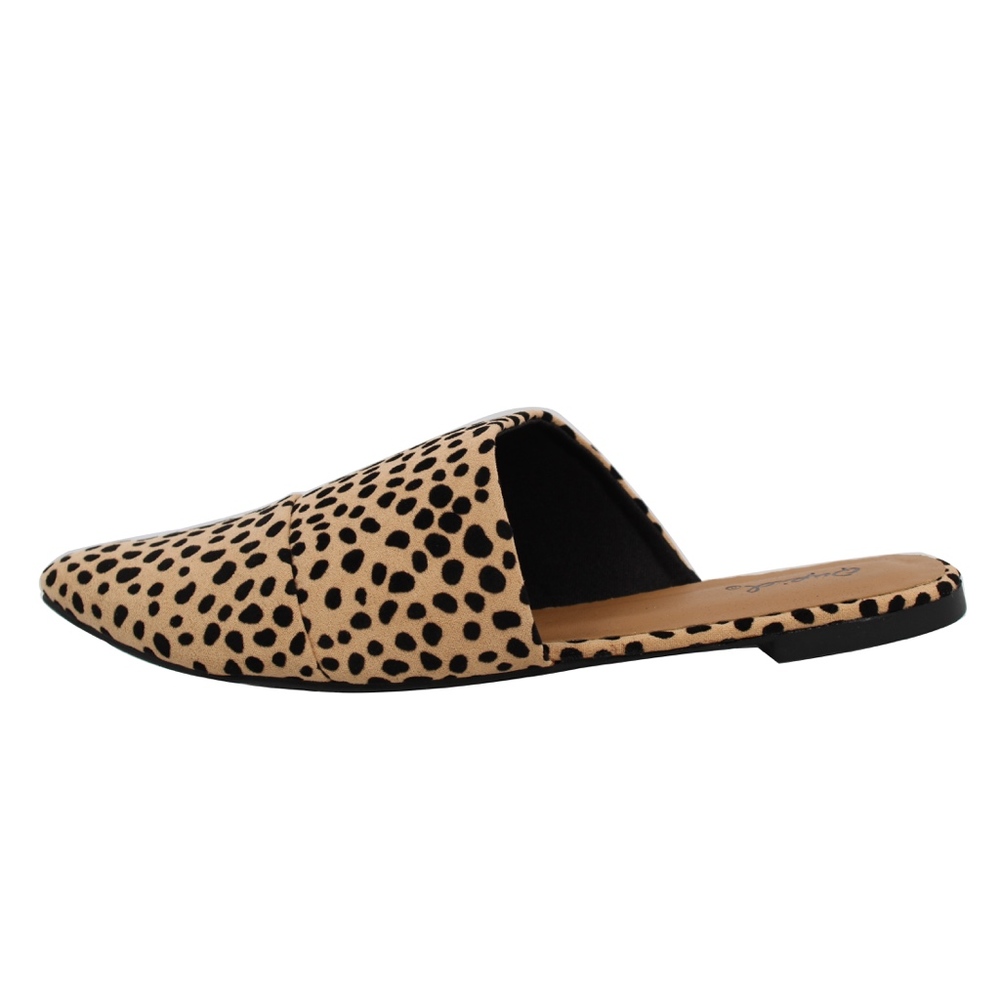Tan Leopard pointy toe slip on mules flat - Picture 4 of 8